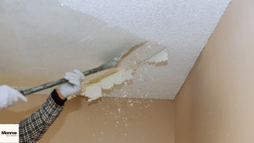 Monroe Quality Contractors removing popcorn ceiling from Cornelius home